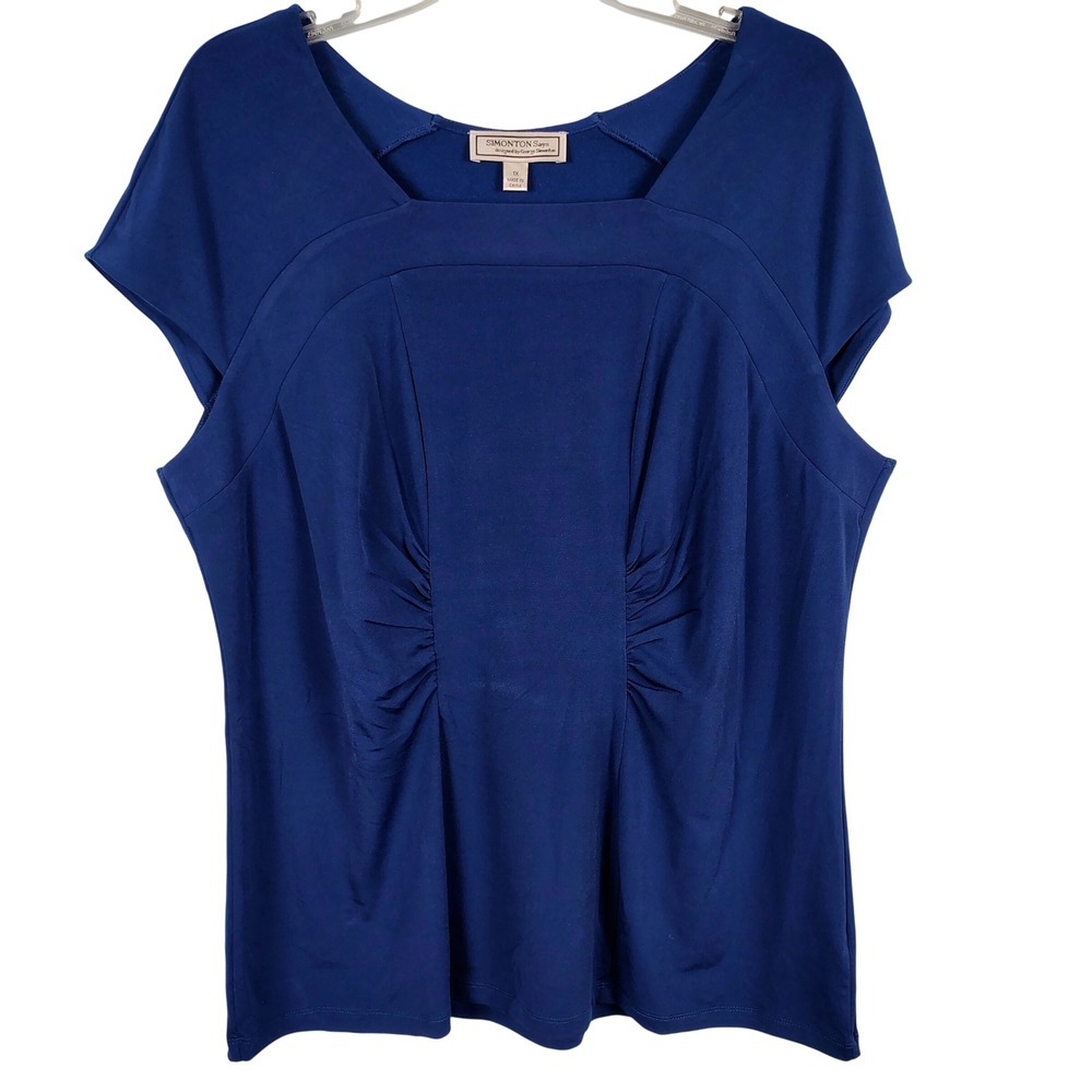 Womens 1X Simonton Says Square Neck Ruched Top Royal Blue Officecore Workwear